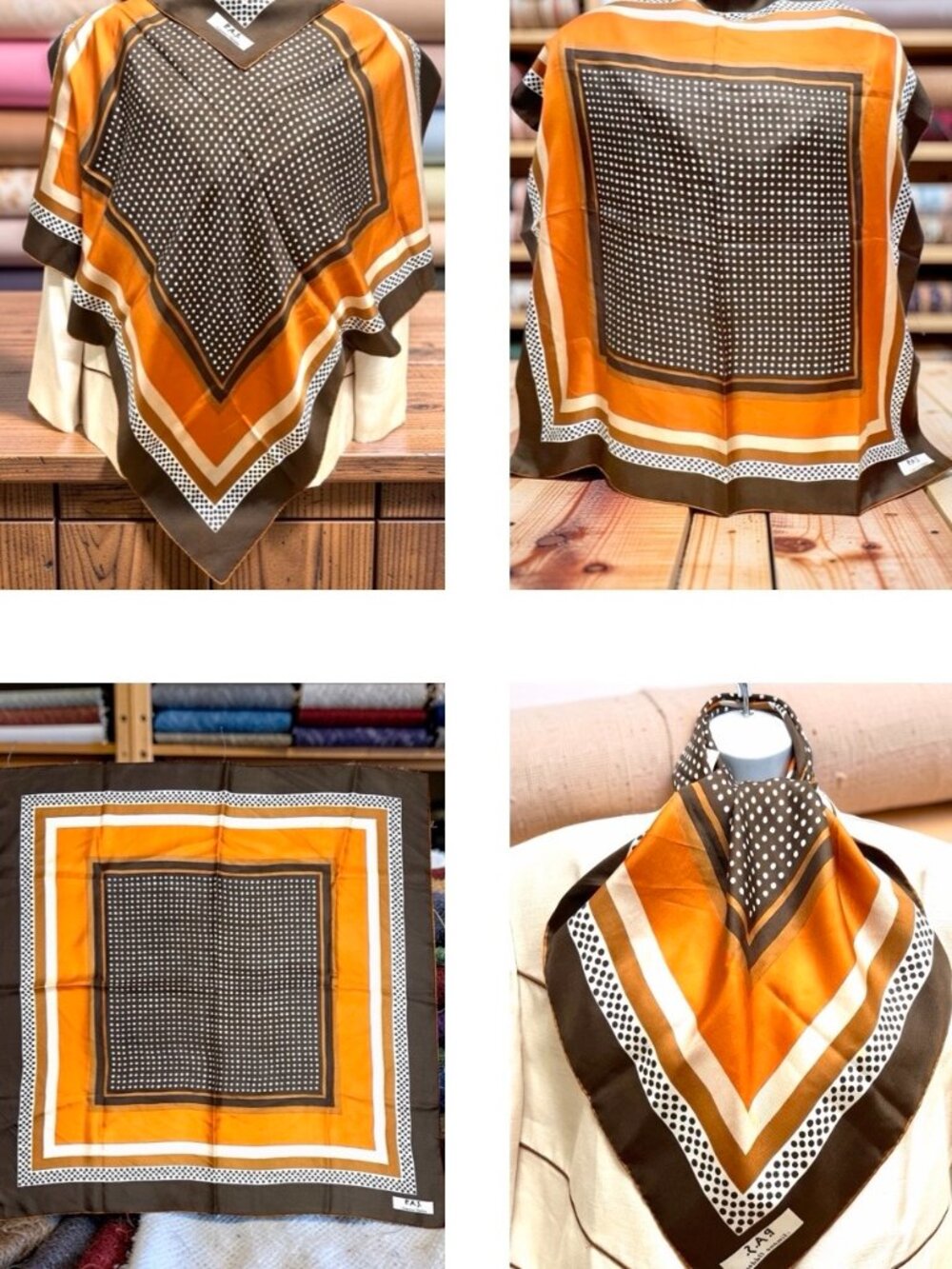 Vgt.  Simone Oddou P.A.S 100% Silk Scarf 31"  brown, beige, orange white dots(7